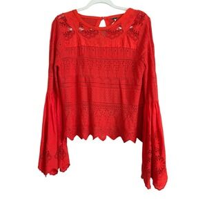 Free People Women's Flare Bell Sleeve Knit Crochet Eyelet Orange Red Size S Boho